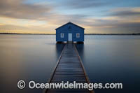 Sunrise at Crawley Edge Boatshed, also known as the Blue Boat House, on the Swan River. Perth, Western Australia.