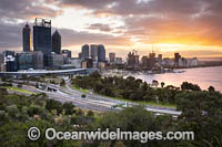 Sunrise view of Perth City from Kings Park. Perth, Western Australia.