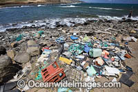Mixed rubbish, including plastics, washed ashore on the north side of the island of Molokai, Hawaii, USA.