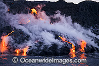 The Pahoehoe lava flowing from Kilauea Volcano has reached the Pacific Ocean near Kalapana, Big Island, Hawaii.